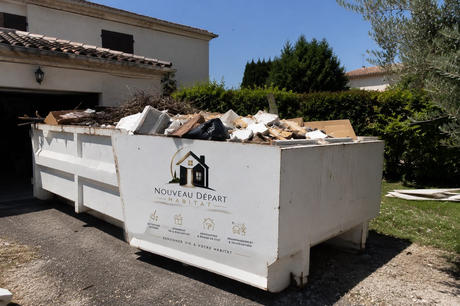 Benne de débarras dans un jardin