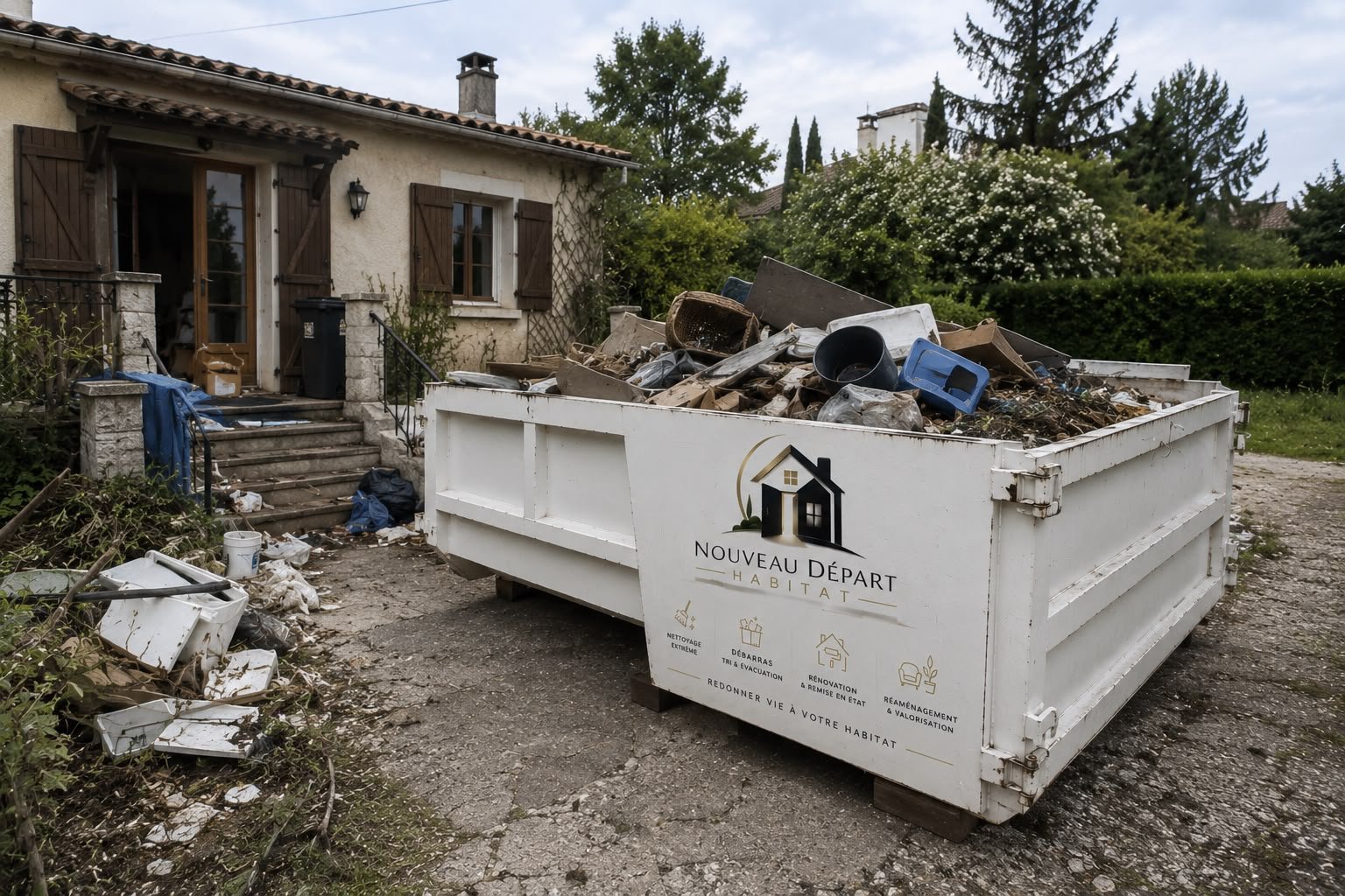 Benne de chantier devant une maison