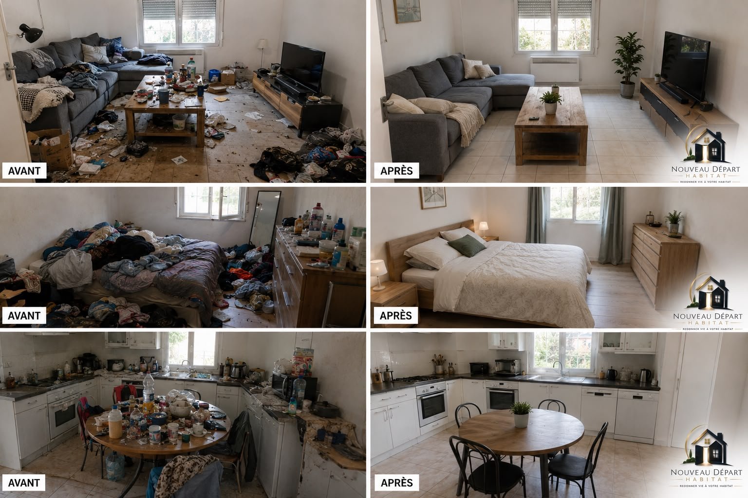Avant / après : salon, chambre et cuisine rénovés